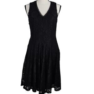 Francesca's Black Lace V-Neck Sleeveless Dress Fit Flare Midi Pom Pom Trim Sz M